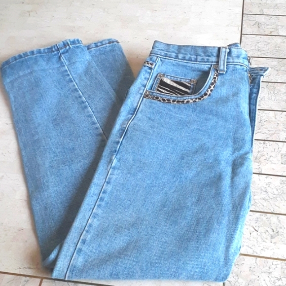 Vintage denim jeans from store Cache.,size 4...animal print faux fur trim,unworn - Picture 11 of 16